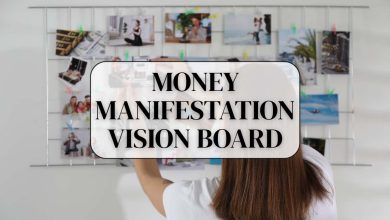Aesthetic money manifestation vision board layout with abundance and wealth theme