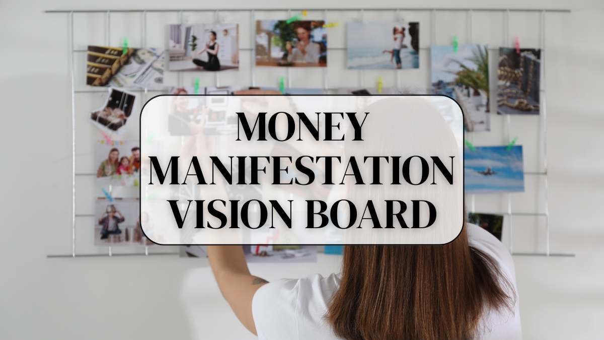 Aesthetic money manifestation vision board layout with abundance and wealth theme