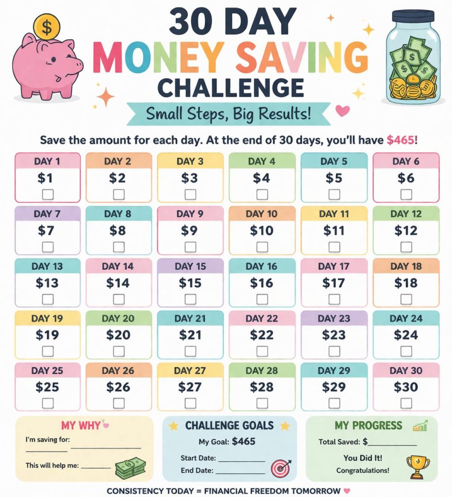 30 day money saving challenge printable chart to save money fast