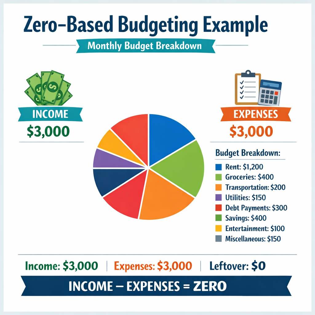 Zero based budgeting example showing income and expenses breakdown for beginners